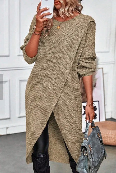 Solid color sweater dress with irregular hem