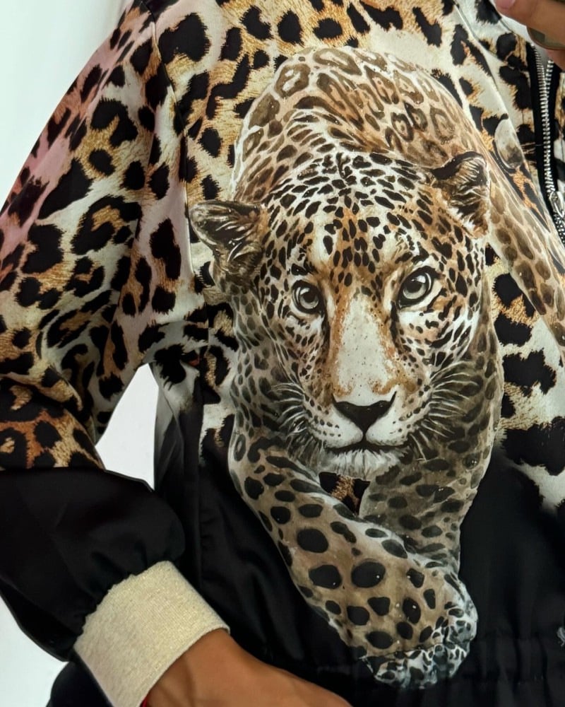 Leopard Unique Print Zipper Drawstring Hem Bomber Jacket (Buy 2 Free Shipping)