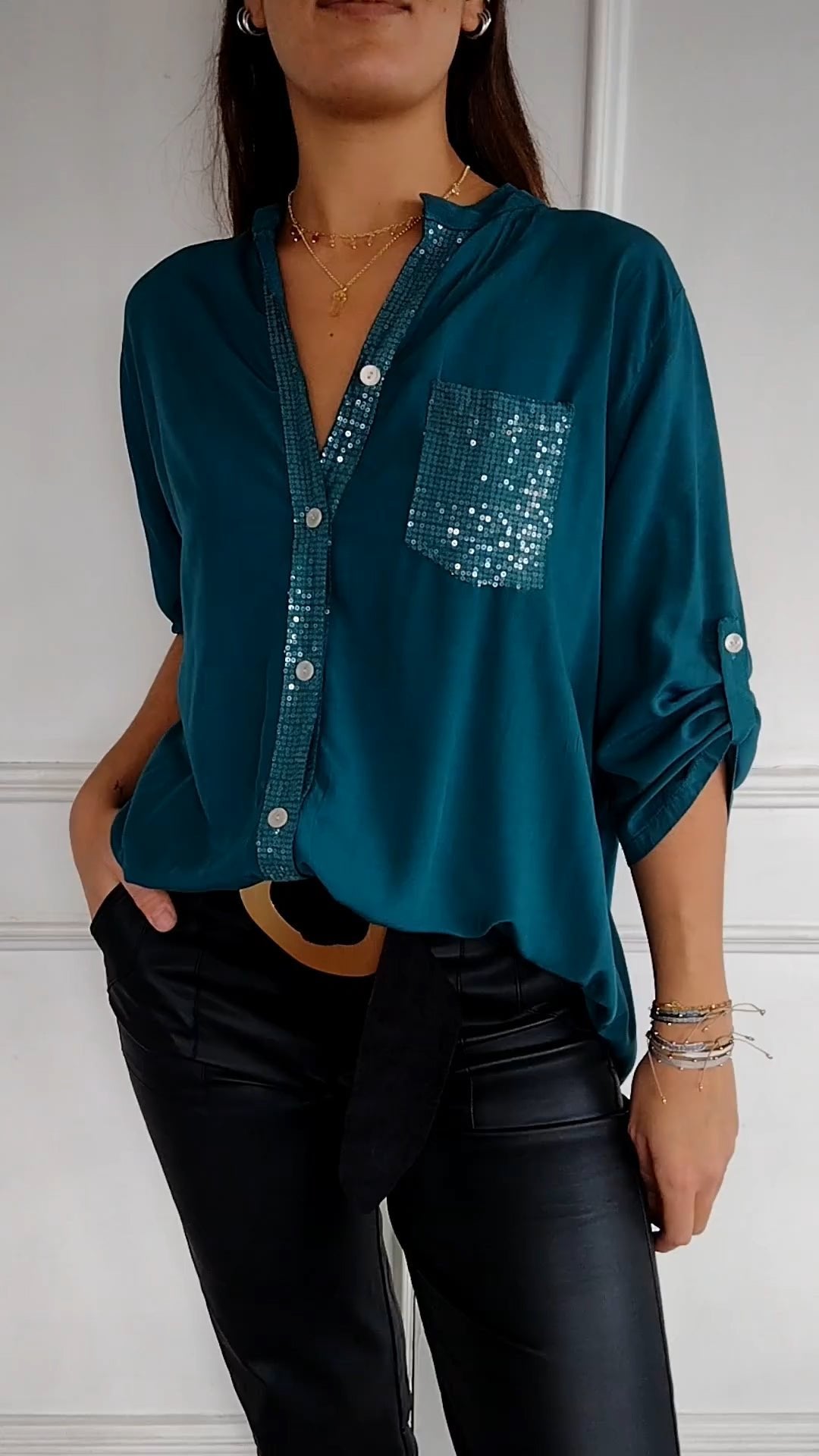 Polyester V-neck Sequin Mid-sleeve Casual Top