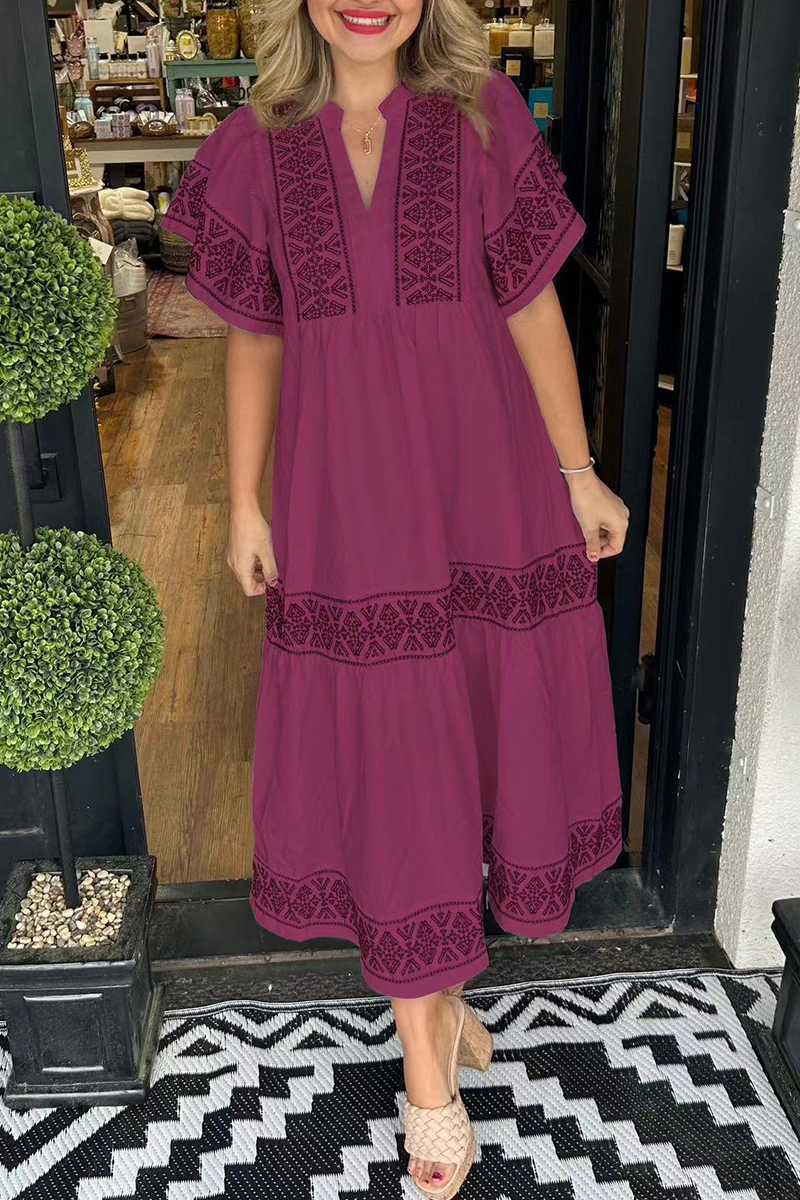 Geometric print patchwork V-neck A-line short-sleeved dress