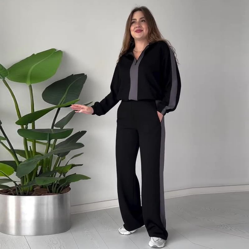 Women's Zipper Lapel Tops & Pants 2-Piece Set