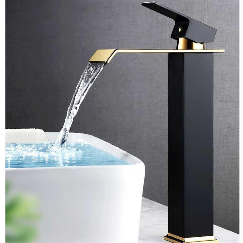 Hot and Cold Waterfall Basin Faucet - Brass Bathroom Tap in Gold and Black