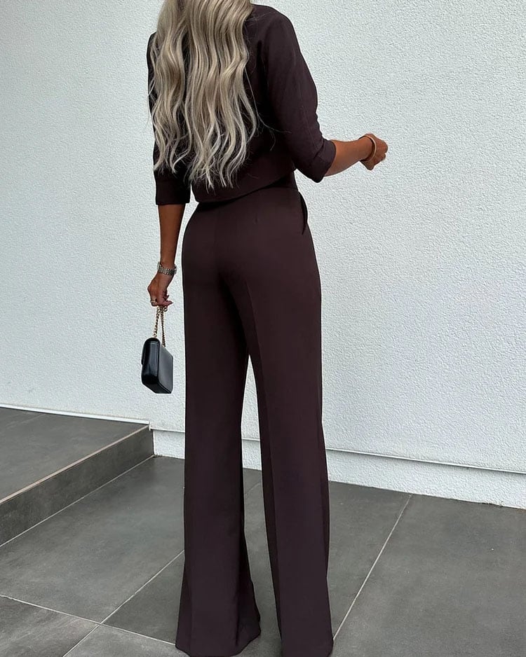 Fashionable and luxurious solid color jacket + high-waisted straight pants suit