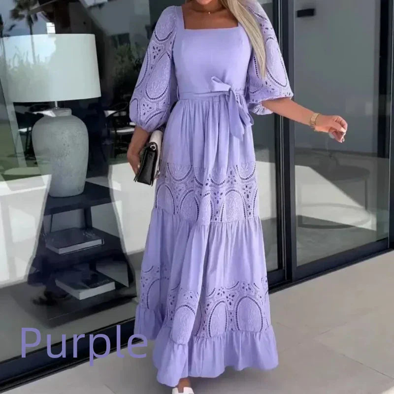 💖Limited Sale 50% OFF💖Women’s Trendy Patchwork Tie Waist Square Neck Long Dress