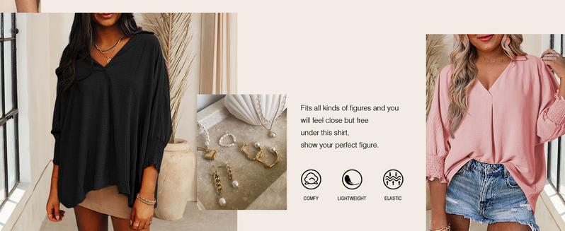 Womens Tunic Tops V Neck Casual Loose 3/4 Sleeve Shirts Dressy Blouses Tops Overiszed T Shirts