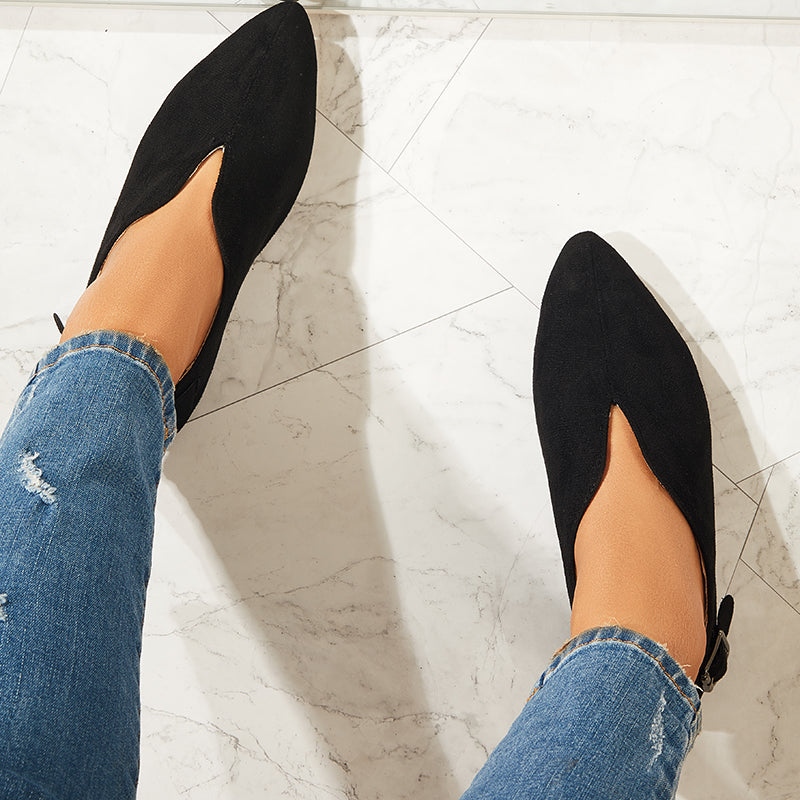 Black Round Toe V Cut Slip On Flat Loafers Soft Ballet Shoes