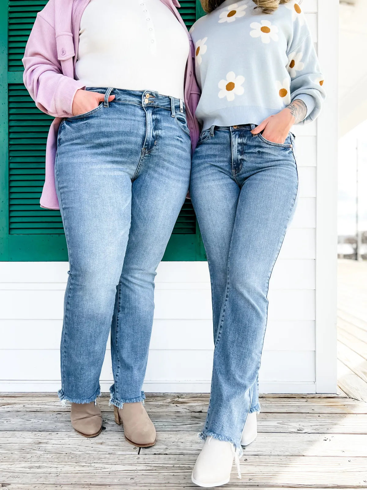 Vintage Double Button Frayed Hem Bootcut Jeans