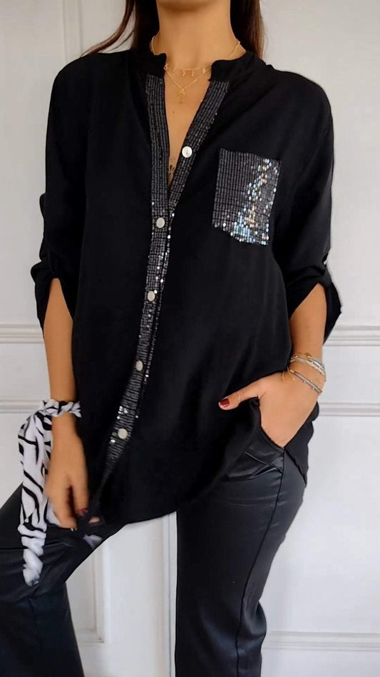 Polyester V-neck Sequin Mid-sleeve Casual Top