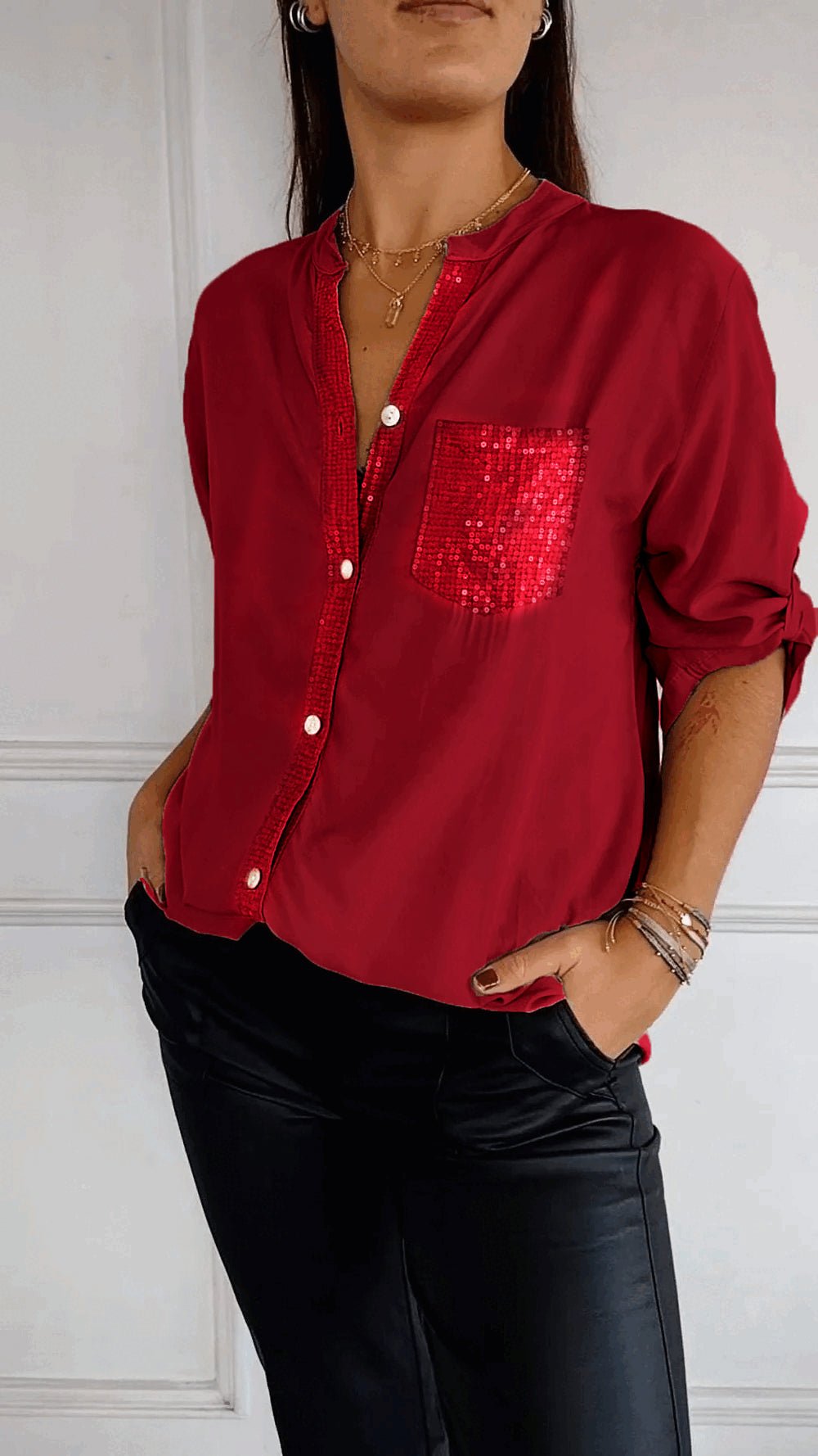 Polyester V-neck Sequin Mid-sleeve Casual Top