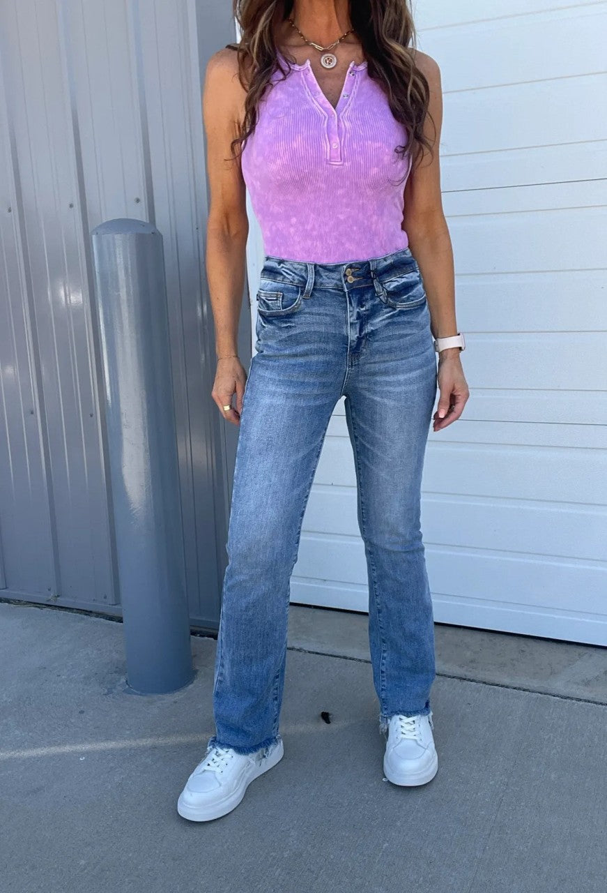 Vintage Double Button Frayed Hem Bootcut Jeans