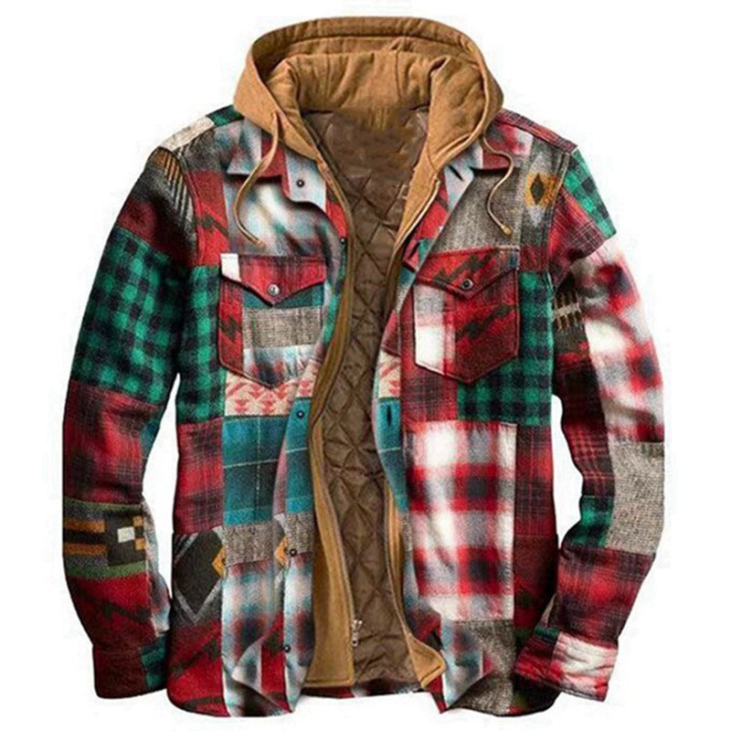 MEN'S CASUAL OUTDOOR THICK PLAID  FASHION WIND HOODED