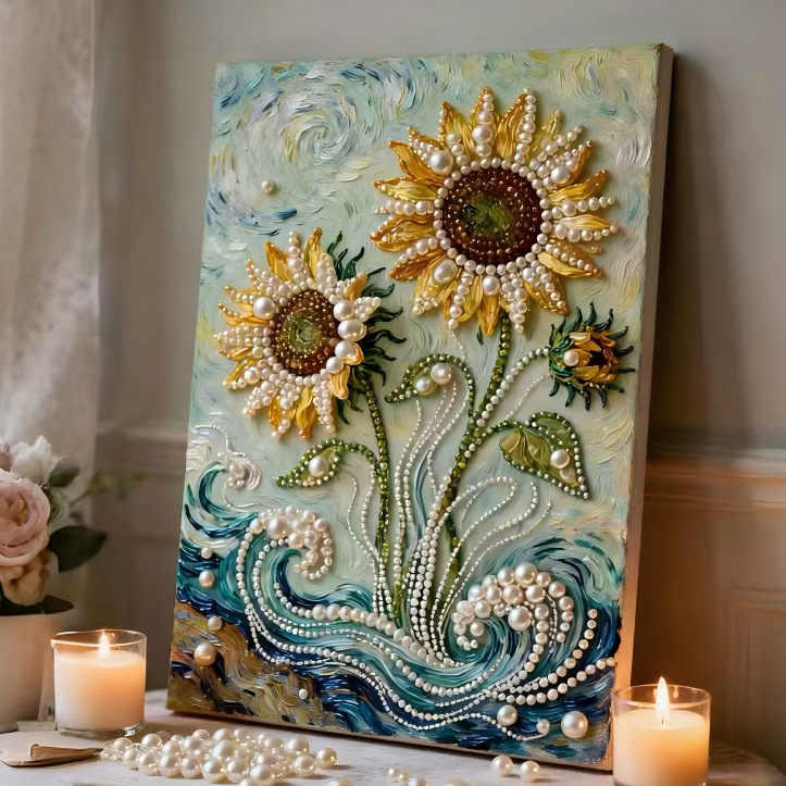 (40x50cm)DIY Pearl Painting Framed Sunflower Handmade Pearl Material Art Kit Living Room Decor