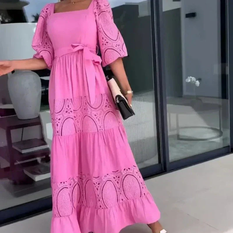 💖Limited Sale 50% OFF💖Women’s Trendy Patchwork Tie Waist Square Neck Long Dress