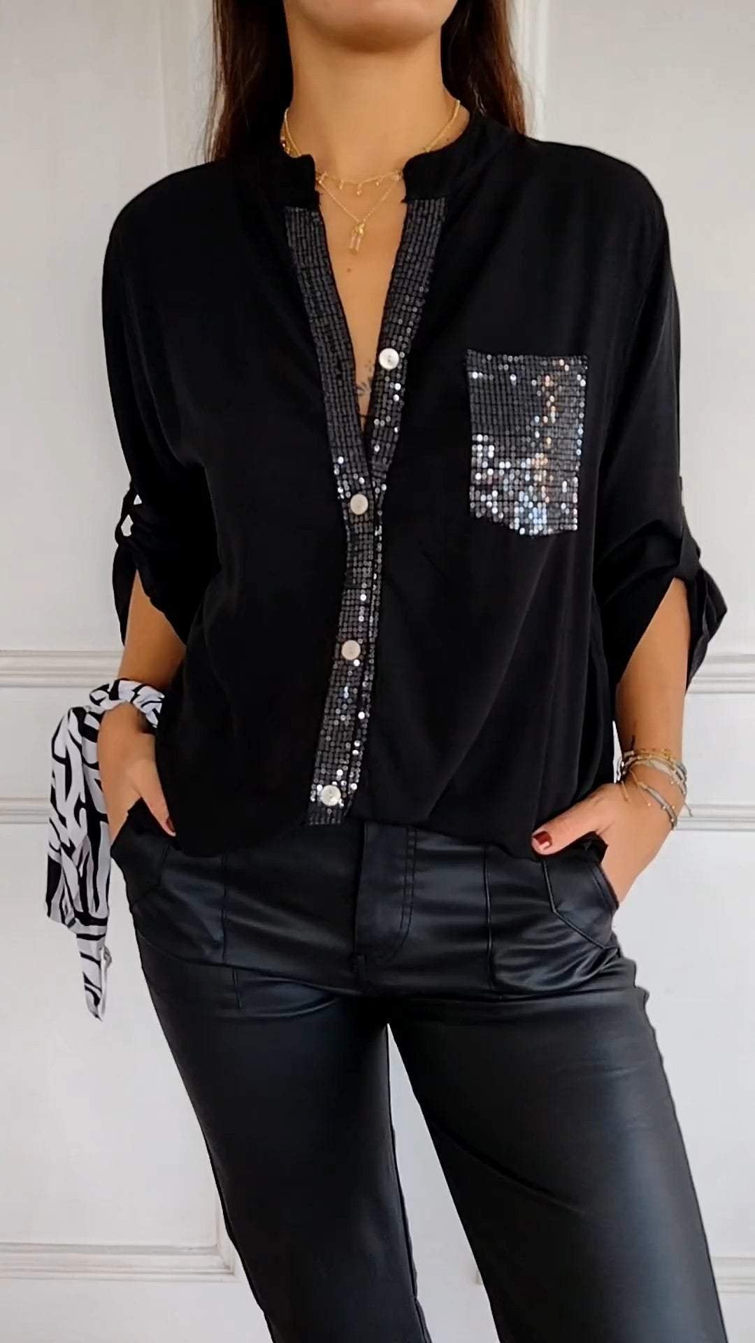 Polyester V-neck Sequin Mid-sleeve Casual Top