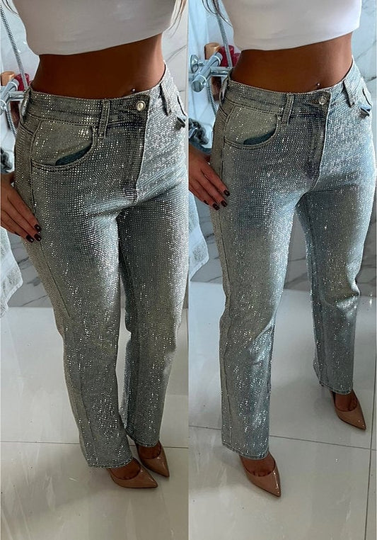 Full Diamanté Embellished Wide Leg Denim Jeans