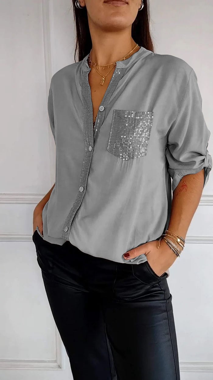 Polyester V-neck Sequin Mid-sleeve Casual Top