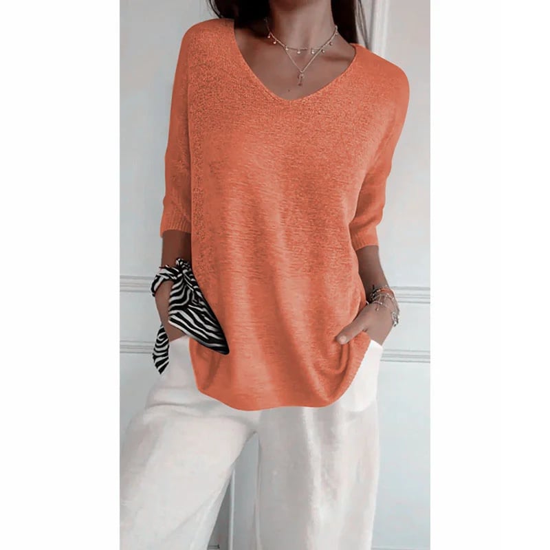 Solid Color Knitted V-neck Top