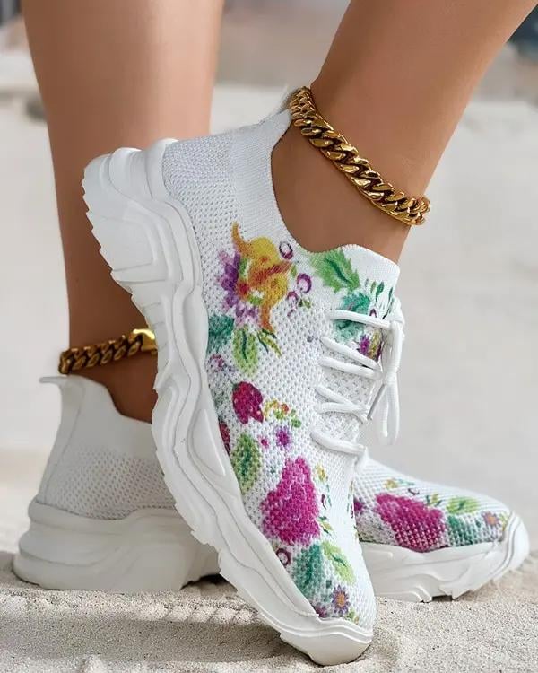 🔥HOT SALE — Floral Print Lace-up Breathable Orthopedic Sneakers