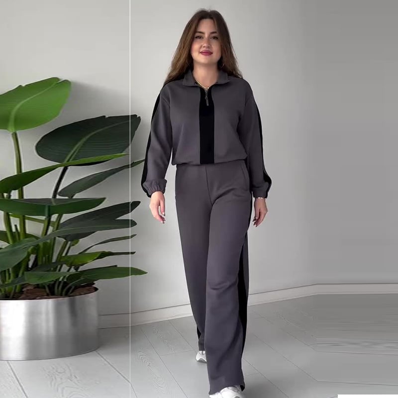 Women's Zipper Lapel Tops & Pants 2-Piece Set