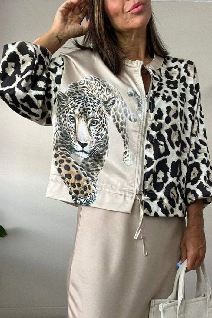 Leopard Unique Print Zipper Drawstring Hem Bomber Jacket (Buy 2 Free Shipping)