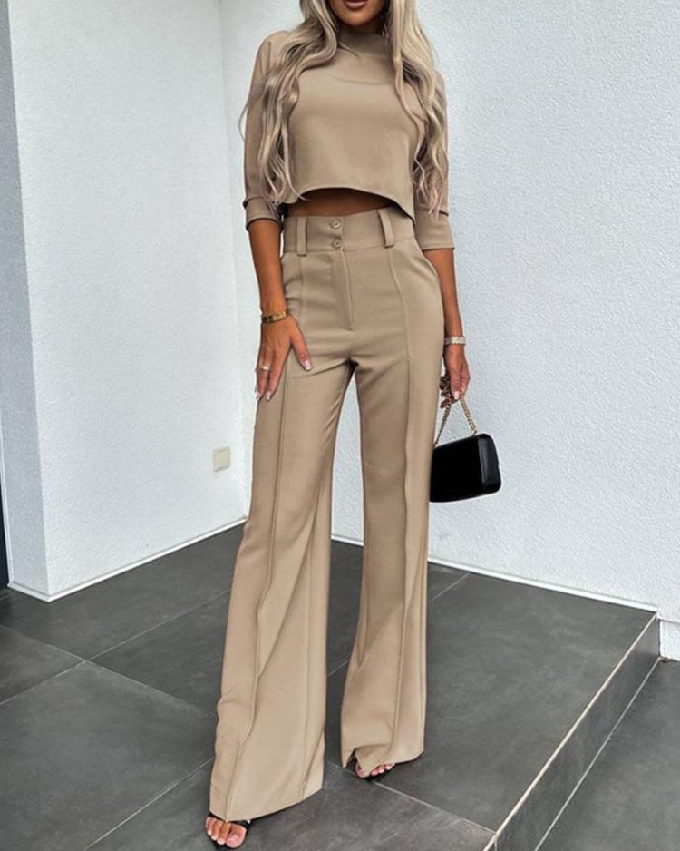 Fashionable and luxurious solid color jacket + high-waisted straight pants suit