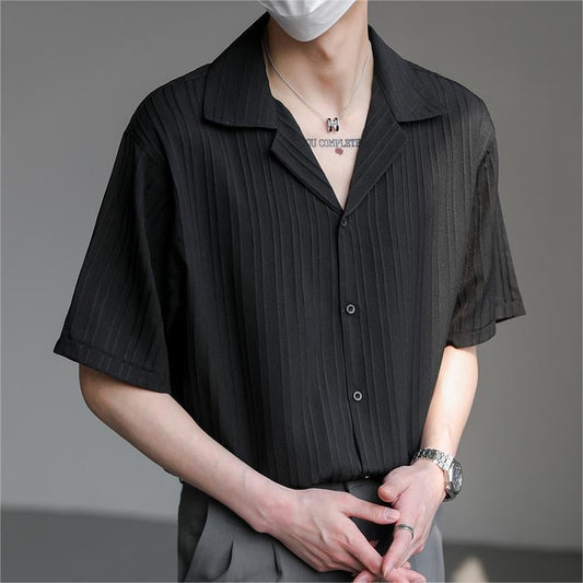 Thin Short-Sleeve Shirt for Men with Cuban Collar