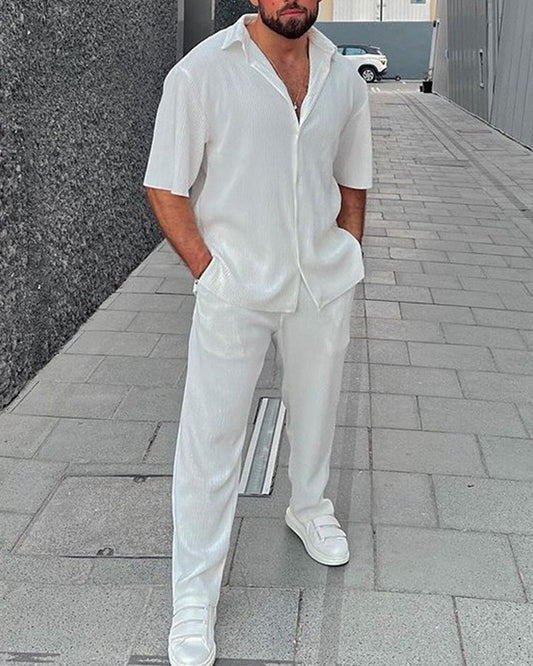 Men's White Textured Short Sleeve Shirt Casual Two-piece Set