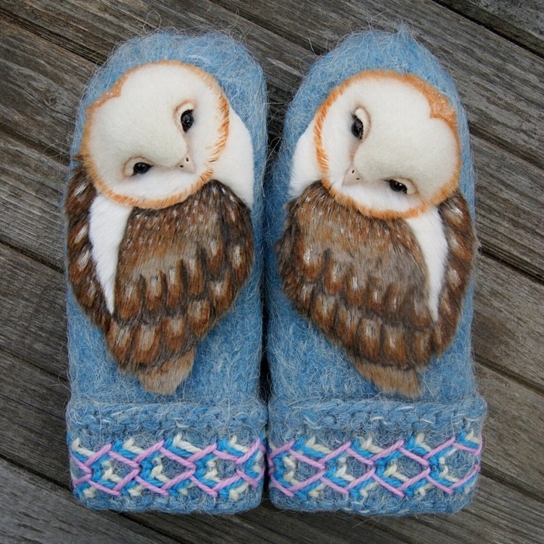 Hand Knitted Wool Nordic Mittens with Owls (Buy 2 Free Shipping)