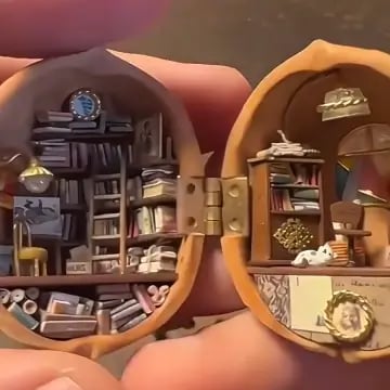 🏠 Handmade Walnut Shell Doll House--mini library, tiny World inside walnuts