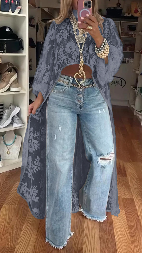 Women's round neck lace short-front-long-back casual tops