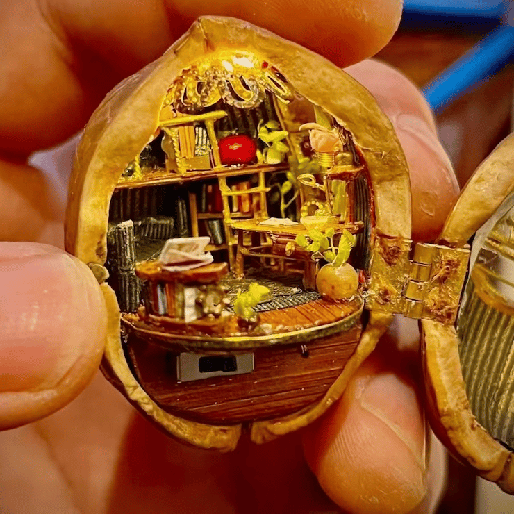 🏠 Handmade Walnut Shell Doll House--mini library, tiny World inside walnuts