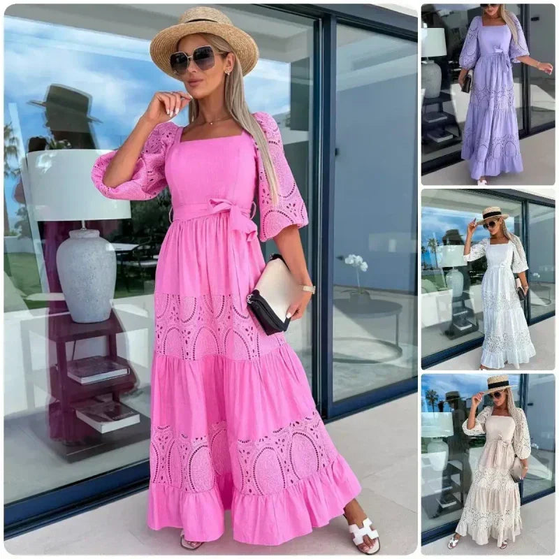 💖Limited Sale 50% OFF💖Women’s Trendy Patchwork Tie Waist Square Neck Long Dress