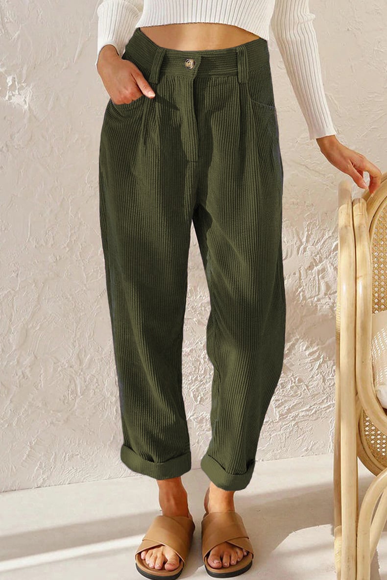 Mid Rise Button Zipper Side Pocket Corduroy Casual Pants