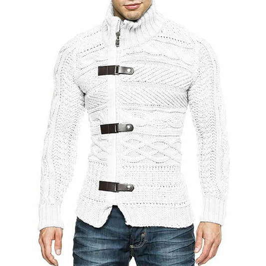Autumn/Winter Turtleneck Sweater Men's Color Matching Leather Button Long-Sleeved Knitted Cardigan