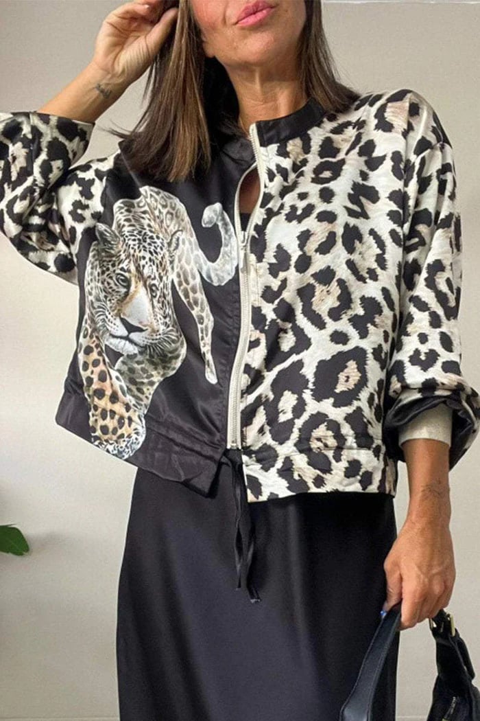 Leopard Unique Print Zipper Drawstring Hem Bomber Jacket (Buy 2 Free Shipping)