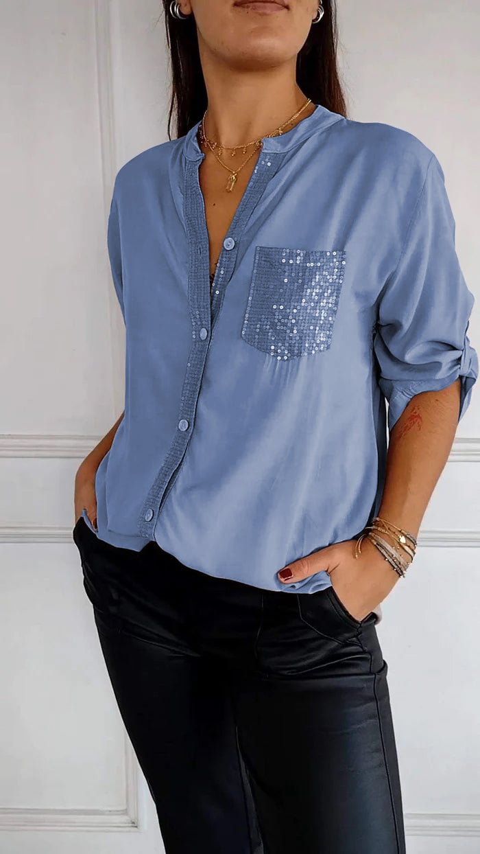 Polyester V-neck Sequin Mid-sleeve Casual Top