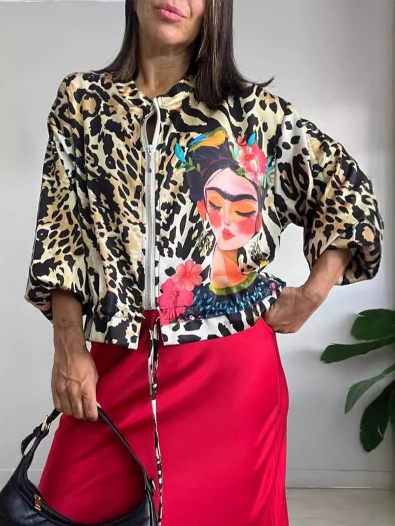 Leopard Unique Print Zipper Drawstring Hem Bomber Jacket (Buy 2 Free Shipping)