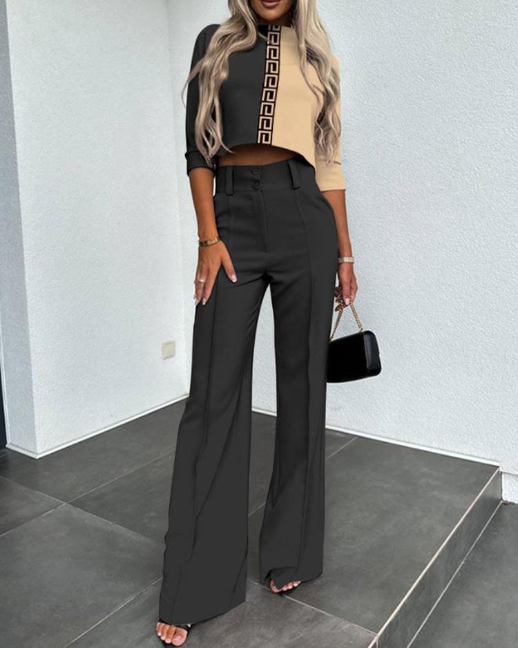 Fashionable and luxurious solid color jacket + high-waisted straight pants suit