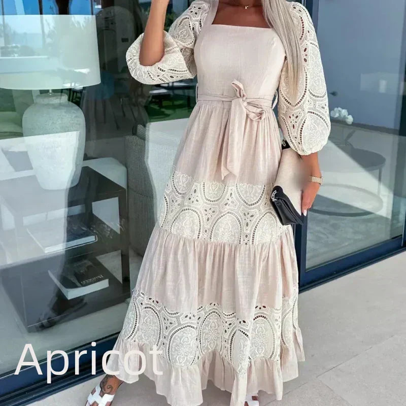 💖Limited Sale 50% OFF💖Women’s Trendy Patchwork Tie Waist Square Neck Long Dress