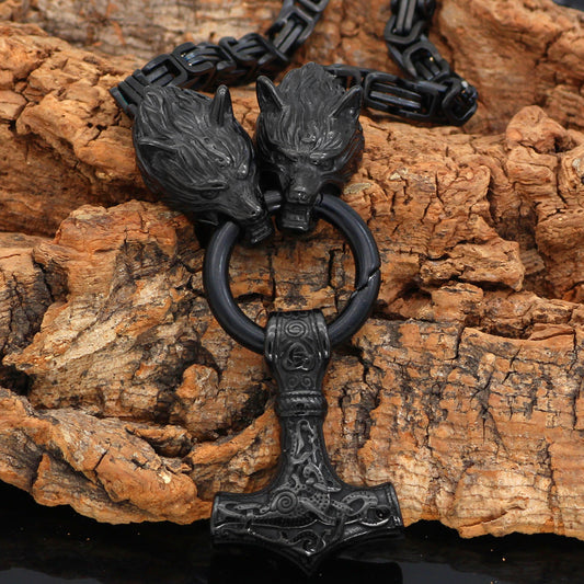 Viking Celtic Wolf Odin Thor's Hammer Necklace Stainless Steel