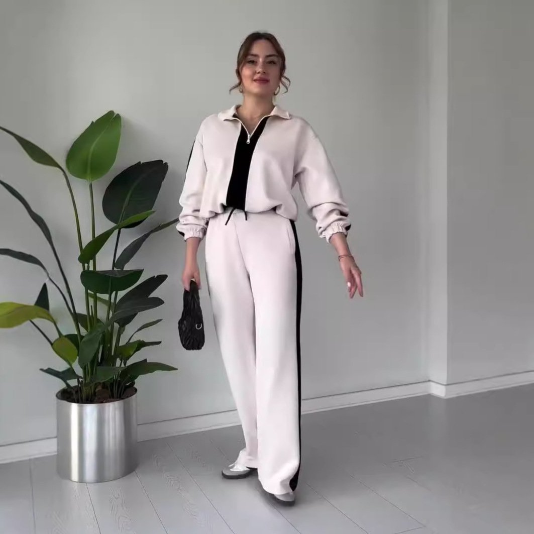 Women's Zipper Lapel Tops & Pants 2-Piece Set