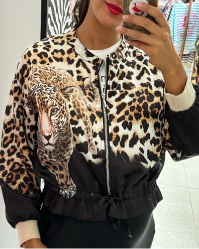 Leopard Unique Print Zipper Drawstring Hem Bomber Jacket (Buy 2 Free Shipping)