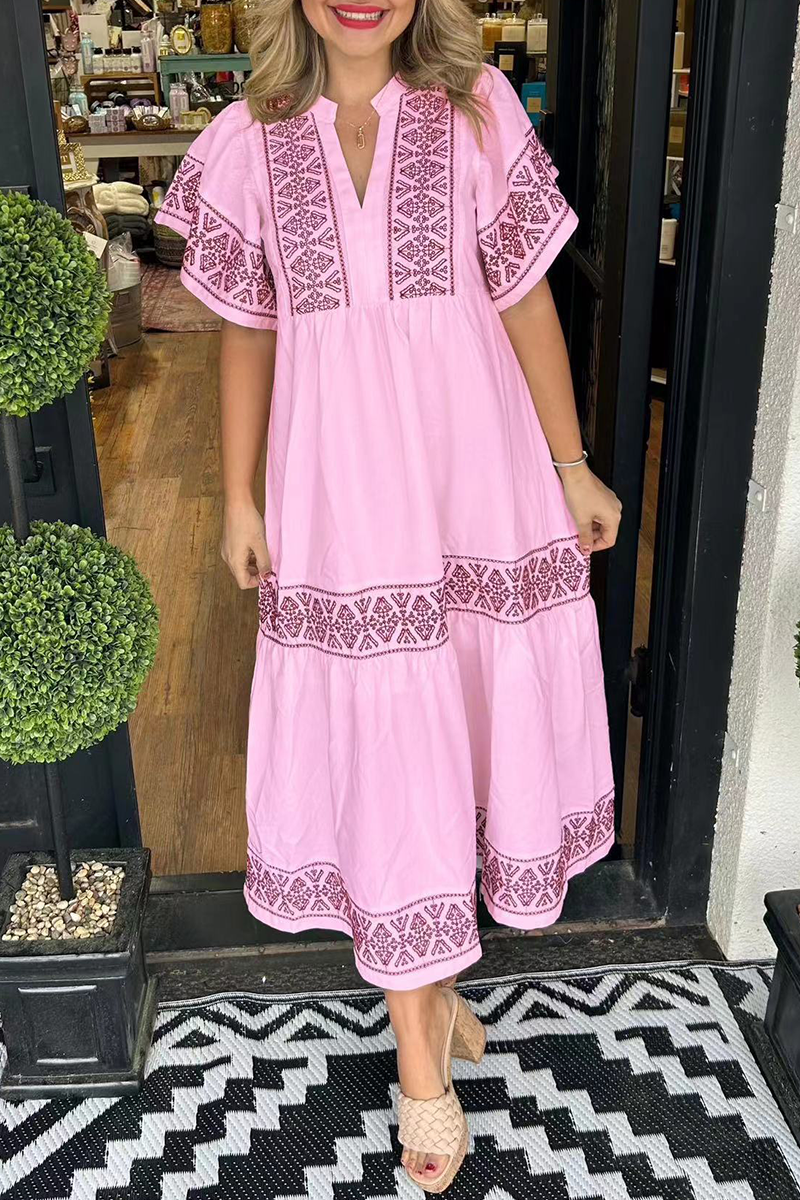 Geometric print patchwork V-neck A-line short-sleeved dress