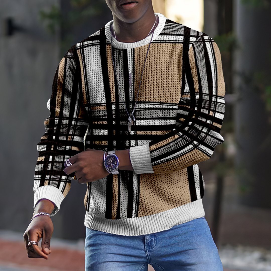 LONG SLEEVE FASHION CONTRAST COLOR ROUND NECK MEN'S TOP