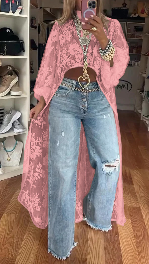 Women's round neck lace short-front-long-back casual tops