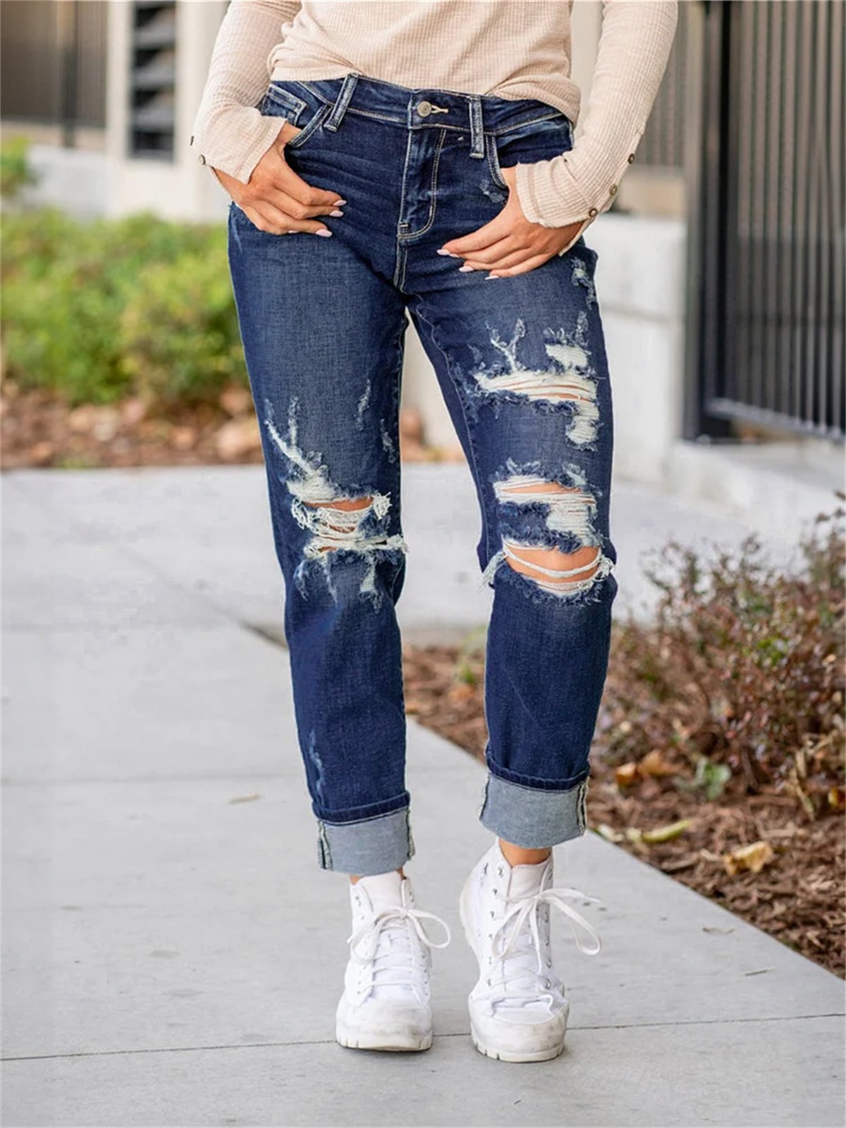 Tummy Control Distressed Cuffed Boyfriend Jeans (Buy 2 Free Shipping)