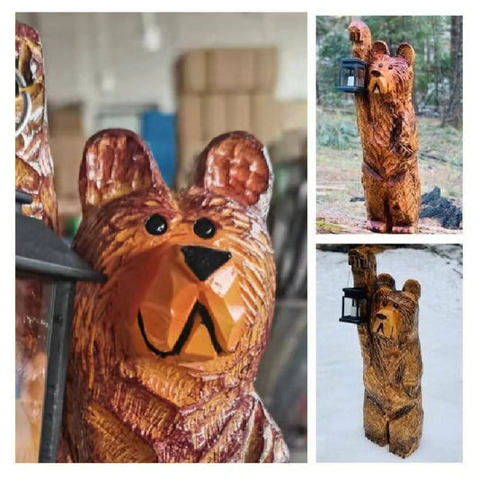 🎄Cedar carved Bear with solar lantern🌲