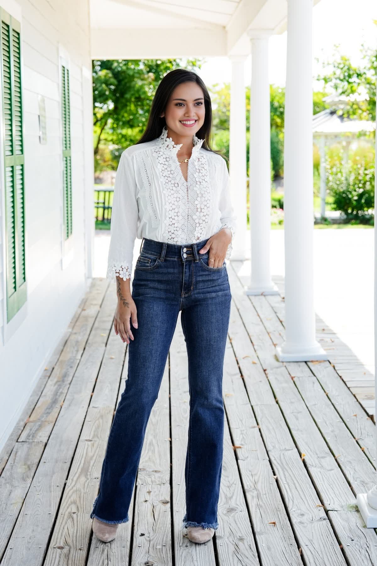 Vintage Double Button Frayed Hem Bootcut Jeans