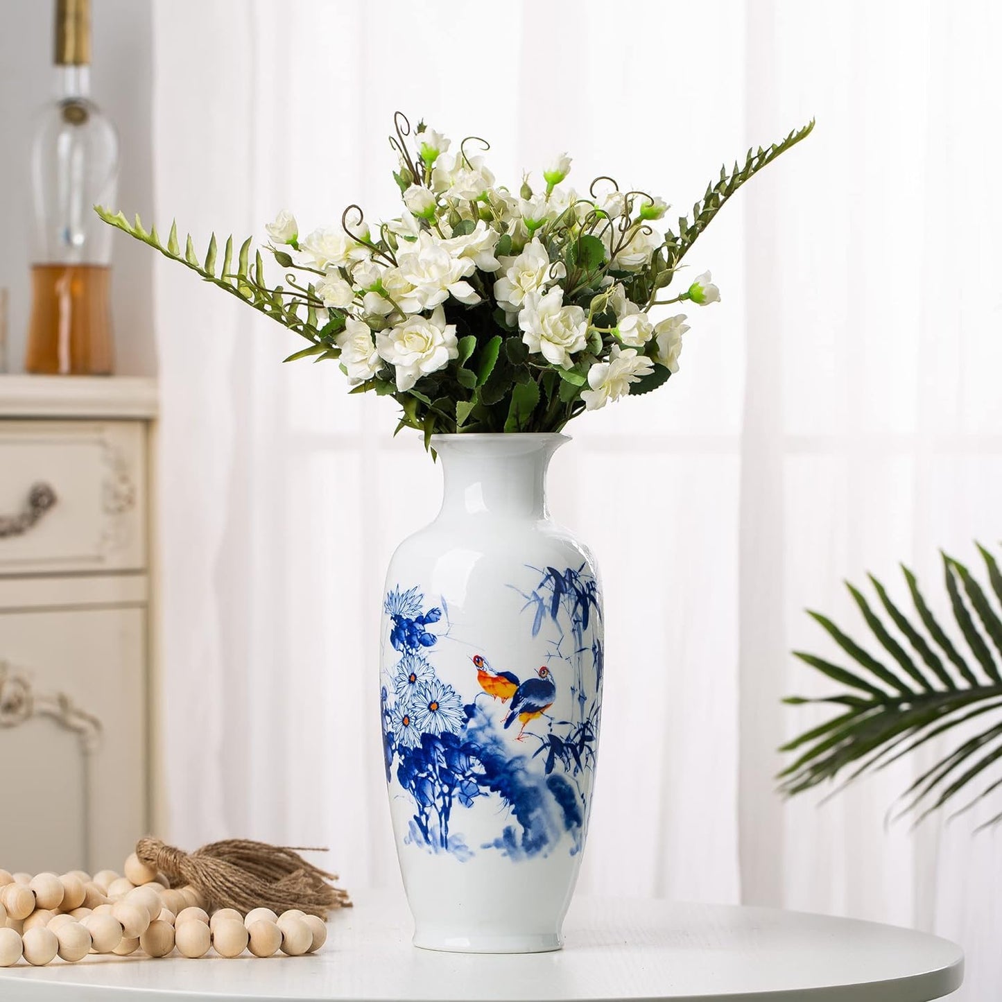 White Porcelain Vase Chinoiserie for Flowers Ceramic Boho Modern Small Shelf Decor Accents Living Room Jingdezhen Rustic Table Fireplace Farmhouse Objects Long Egg Shell Jar Gifts