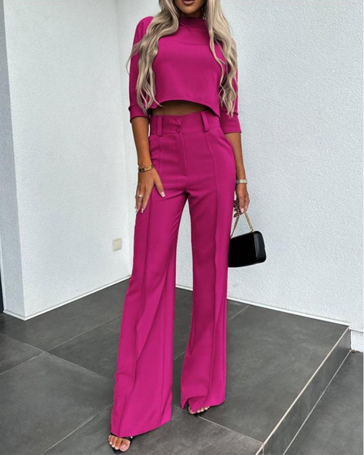 Fashionable and luxurious solid color jacket + high-waisted straight pants suit